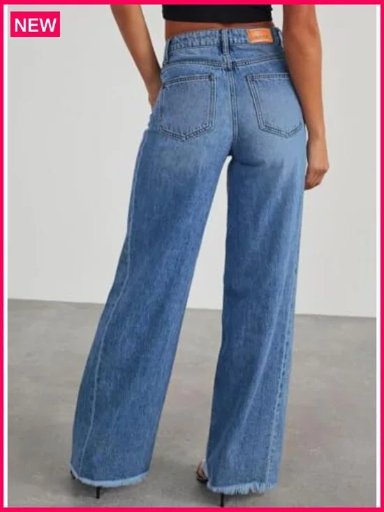 High Waisted Wide Leg Jeans Stretchy Raw Hem Denim Pants - Picture 2 of 7